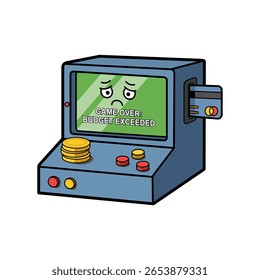 Cartoon Vector Video Game Console Character with Coin Buttons and Credit Card Slot Showing “Game Over: Budget Exceeded” Message – Flat Design, Bold Lines, White Background
