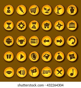 Cartoon vector video game icon set in greek style. Gold coins with video game app symbols for graphic user interfaces of mobile phones games. 30 menu and interfaces cartoon icons and vector symbols.