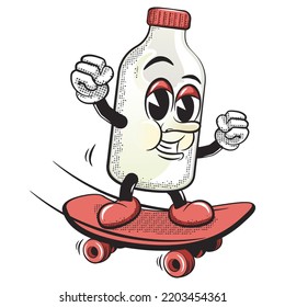 cartoon vector vintage illustration of cute bottle character calmly surfing on a skateboard