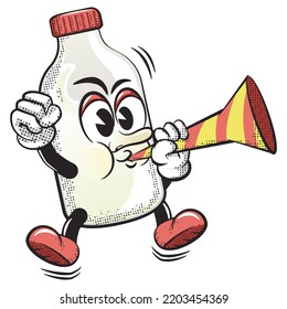 cartoon vector vintage illustration of cute bottle character blowing party trumpet