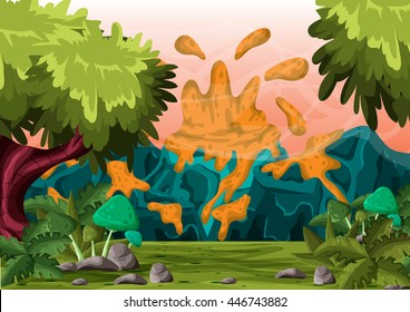 cartoon vector volcano background with separated layers for game and animation, game design asset