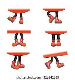 Cartoon vector walking feet in red shoes on stick legs in various positions. Vector set of funny walking legs wearing trainers or sneakers / parts of red banners for sample. Design elements set.