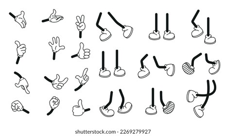 Pies de pie de caminata vectorial de dibujos animados en entrenadores o zapatillas de palo en varias posiciones eps 10