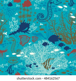 Cartoon vector wallpaper with coral reef, fish and underwater creatures. Seamless pattern illustration. 