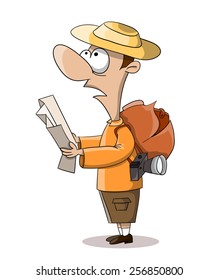 Cartoon vector watching tourist with map