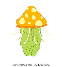 Cartoon vector of a whimsical hybrid creature blending jellyfish and mushroom traits, orange spotted cap, green stalk and flowing tentacles on a clean white background