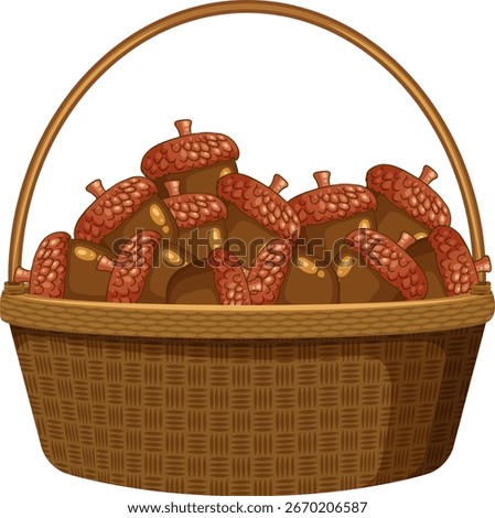 Cartoon vector of a wicker basket filled with brown acorns, detailed and softly shaded.