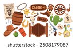 Cartoon Vector Wild West Elements Including Guns, Cacti, Whiskey Bottle, Cowboy Hat, Wanted Poster, And Sheriff Badge