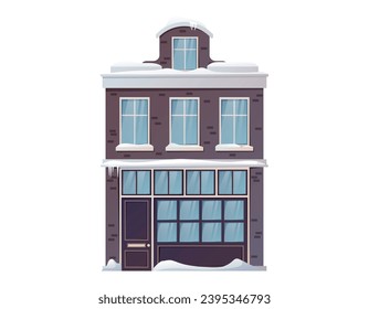 Cartoon vector winter house. Isolated Architectural modern building covered with snow and snowdrifts.