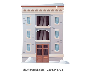 Caricatura vectorial casa de invierno. Aislado Edificio moderno arquitectónico cubierto de nieve y nevadas.