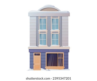 Cartoon vector winter house. Isolated Architectural modern building covered with snow and snowdrifts.