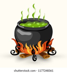 Cartoon vector witch cauldron with boiling potion of poison and bonfire isolated on the white background