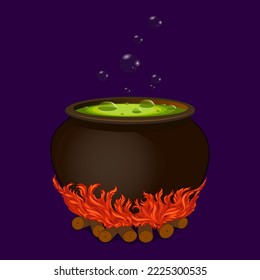 Cartoon vector witch cauldron with boiling potion of poison and bonfire