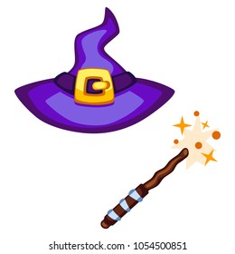 Cartoon vector witch magic hat and a magic wand