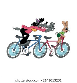 Cartoon vector wolf with a hare on a bike