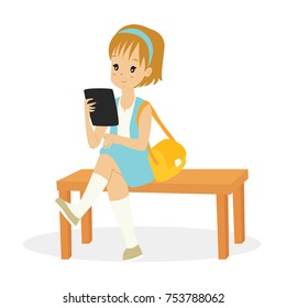cartoon vector of a  woman reading an e-reader while sitting on a bench