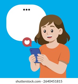 Cartoon Vector Woman Using Smartphone. World Social Media Day

