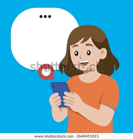 Cartoon Vector Woman Using Smartphone. World Social Media Day
