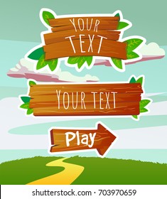 Cartoon vector wooden logo template for mobile phone game title with leafs. 