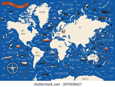 Cartoon vector world map of whales, ships, sailboat, hand drawn decorative ocean background, adventure doodle illustration marine life, sea poster design travel fantasy wallpaper animal for play kid