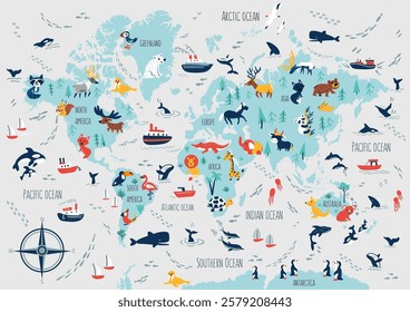 Cartoon vector world map of whales, ships, sailboat, bird decorative colorful background, adventure doodle illustration marine life, children poster design travel fantasy wallpaper animal for play kid