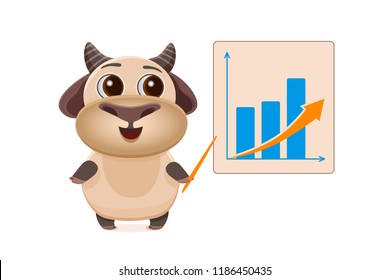 cartoon vector yak cute mascot with schedule Infographics cute cartoon funny yak businessman with a pointer in his hand showing a graph with positive dynamics and rising incomes eps 10 