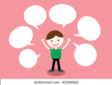 Cartoon vector young boy talking with blank balloon.