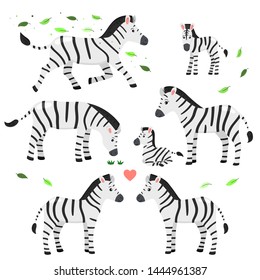 Cartoon vector zebras set. African animals. Zebra's family. Isolated on white background. Illustration for nursery, posters, kids t-shirt, greeting cards.