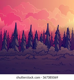 Cartoon vectorial forest. Landscape of a pink sunset in the forest.