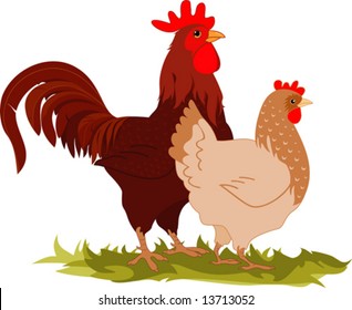 Cartoon vectorial illustration of a hen and a rooster.