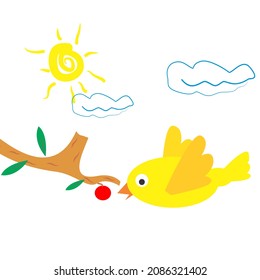 cartoon vector,yellow bird eating apple