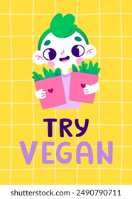 Cartoon vegan boy holding bags with herbs. Vector cute poster about vegan with text.