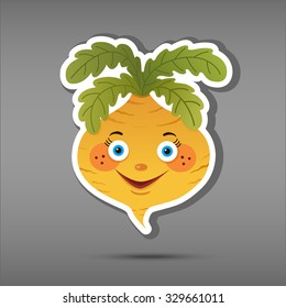Cartoon vegatable isolated on grey background. Sticker turnip. Comic character russian tale. Funny smile vegetable in paper cut style. Applique Background