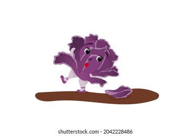 cartoon vegetable cabbage. The emotion is clumsiness. children's book illustration, a clumsy baby cabbage runs through the garden and loses its sheets.