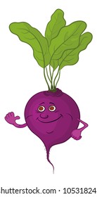 Cartoon, vegetable, character beet with green leaves isolated on white background. Vector illustration
