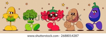 Cartoon vegetable character set with retro styling - yellow corn, green broccoli, red tomato with sunglasses, brown potato and purple eggplant with expressive faces and limbs for mascot design.