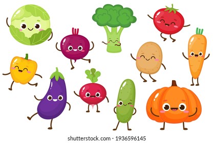 Cartoon vegetable characters collection. Cute cabbage, cucumber, carrot, broccoli, tomato, pepper for kids Vector food illustration