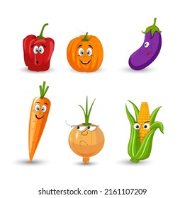 Cartoon vegetable characters collection. Cute cabbage, cucumber, carrot, broccoli, tomato, pepper for kids Vector food illustration