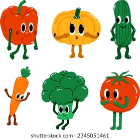 Cartoon vegetable characters, cute style, vegetable collection, kids Cartoon vegetable, Vector food illustration