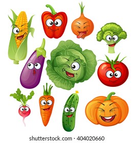 Cartoon vegetable characters. Vegetable emoticons. Cucumber, tomato, broccoli, eggplant, cabbage, peppers, carrots, onions, pumpkin, radish, corn