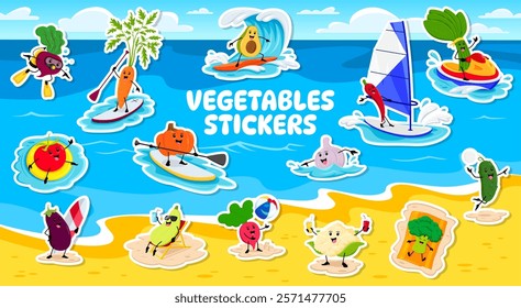 Cartoon vegetable characters on summer beach vacation, stickers pack. Vector beetroot, carrot, avocado or tomato, pumpkin and garlic. Chili pepper, spinach, eggplant and zucchini with radish relax