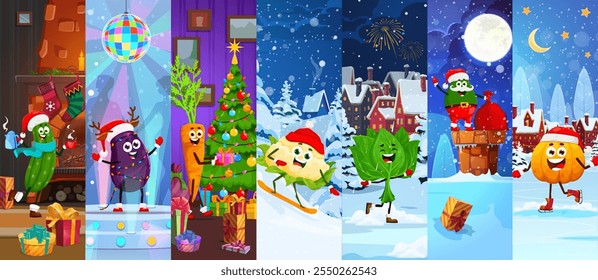 Cartoon vegetable characters on winter Christmas holiday vector collage. Joyful veggies cucumber, eggplant, carrot, cauliflower cabbage, spinach, avocado and pumpkin engage in festive Xmas activities