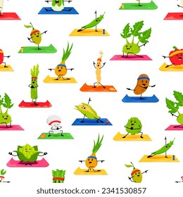 Personajes de caricatura vegetal sobre la aptitud del yoga, patrón impecable. Personajes culinarios de verduras cutáneos haciendo ejercicios deportivos de fondo vectorial. Pimienta divertida, maíz, champiñón y frijol, oliva, espárragos, patata