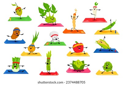 Cartoon vegetable characters on yoga fitness sport. Vector olive, kohlrabi, asparagus and artichoke. Chinese cabbage, cauliflower, corn or green pea with soy bean. Champignon, onion, potato and radish