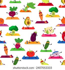 Personajes de caricatura vegetal sobre fondo de patrón sin fisuras de yoga, espinacas divertidas vectoriales y brócoli. Vegetación de aguacate, ajo y tomate con pepino y berenjena en el patrón de estera de ejercicios de yoga