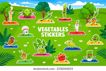 Cartoon vegetable characters on yoga fitness stickers pack. Vector bean pod, romanesco cabbage, asparagus and green pea. Champignon mushroom, daikon radish, onion performing outdoor sport exercises