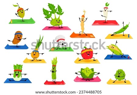 Cartoon vegetable characters on yoga fitness sport. Vector olive, kohlrabi, asparagus and artichoke. Chinese cabbage, cauliflower, corn or green pea with soy bean. Champignon, onion, potato and radish