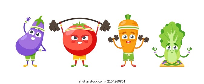 Cartoon Vegetable Characters Sports Workout and Exercises. Funny Eggplant, Tomato and Carrot Training with Weight, Chinese Cabbage Meditate in Yoga Class, Healthy Lifestyle. Vector Illustration