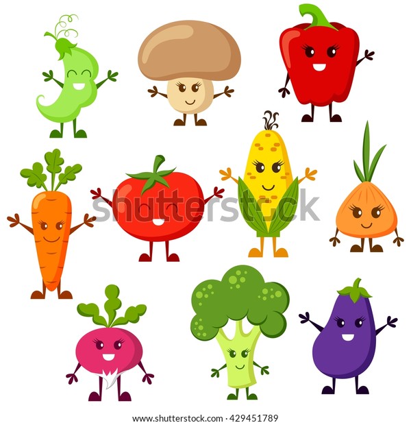 Cartoon Vegetable Characters Tomato Broccoli Eggplant Stock Vector ...