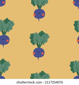 Cartoon vegetable characters vector print. Eat greens. Cute beet seamless pattern